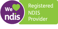 We love NDIS logo indicating registered NDIS provider status with a purple circle and green heart.